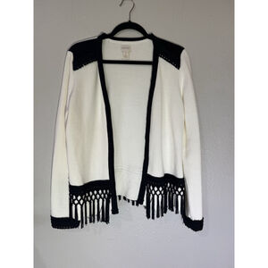 Chico’s Knit Open Front Blazer Sweater Size 1 Black Fringe Hem Fall Jacket